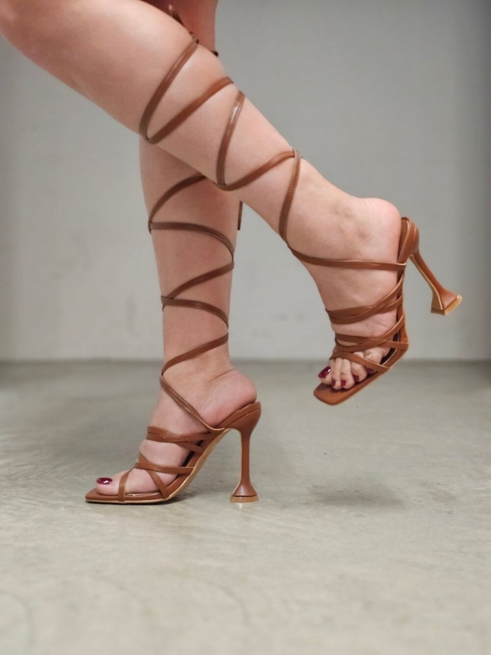 Strappy Brown Gladiator Heels With Lace-Up Design & Square Toe High Heel Sandals - Picture 10 of 16
